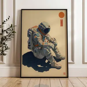 Astronaut Sitting Poster, Retro Futurism Wall Art, Classic Japanese Style Space Print, Sophisticated Cosmic Decor, Unframed Print Only