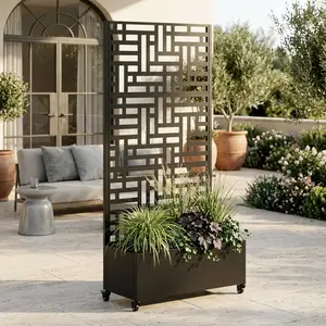 73×35×16in Metal Raised Garden Bed with Trellis, Mobile Planter Box with Lockable Wheels, Drainage Holes & Privacy Screen, Weatherproof Galvanized Metal Planter for Climbing Plants Vegetables Vines
