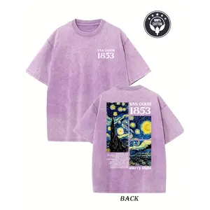 Retro Vintage Van Gogh 1853 Creative Pattern Washed T-Shirt, Double-Sided Print, 230g Heavyweight Pure Cotton, Drop Shoulder, Loose Fit Retro Streetwear, Minimalist Casual Hip Hop Style, Black Basic Short Sleeve Tee for Men Casual Chic Minimalist t shirt