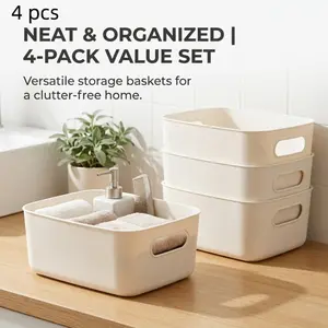 4-Piece Simple Frosted Plastic Storage Baskets, Modern Multifunctional Organizers, Suitable for Storing Household Items and Cosmetics