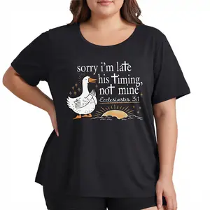 Funny Christian Meme Shirt Women Sarcastic Tee Sorry Im Late His Timing Not Mine Ecclesiastes Praying Duck Graphic Church Humor Gift Relaxed Fit S-6XL - Streetwear, Fabric