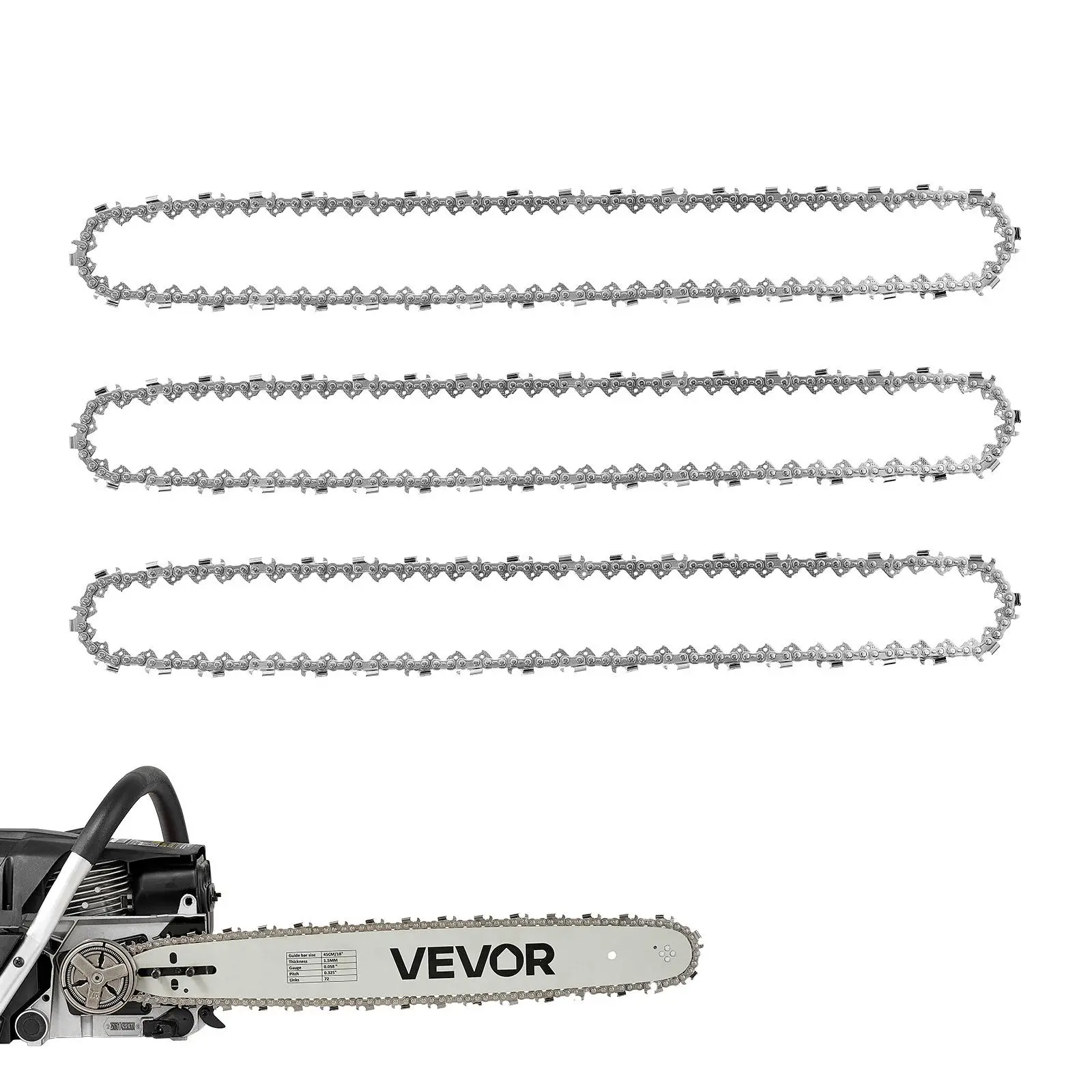 【BackToSchool】VEVOR 3-Pack 18-Inch Chainsaw Chain, 0.325" Pitch, 0.058" Gauge, 72 Drive Links, Fits VEVOR CN-52G Gas Chainsaw, Forged Steel, Sharp Cutter Teeth, Wear-Resistant Tie Strap, for Gas Saws & Outdoor Users