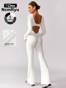 Women's High Elasticity Jumpsuit, Hollow Back Tight Fitting Yoga Clothes for All Seasons Golf Tennis Outdoor Running Cycling Hiking Walking Gym Sports Training Fashionable and Versatile, Workout Gym Clothing, Backless Sports Jumpsuit, Sportswear Jumpsuits