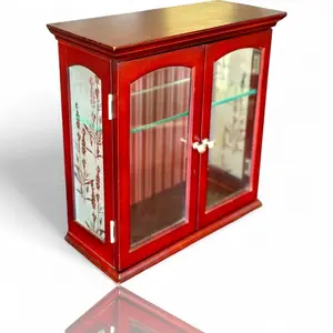 A Cherry Wood Glass Trinket Vintage Wall Hanging Display Jewelry Charm Cabinet