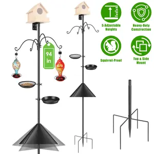 Wood Squirrel-Proof Bird Feeder Pole, 94in Heavy-Duty Outdoor Feeding Station with 5 Adjustable Heights, 4 Shepherd Hooks, Top & Side Mount Brackets, 5-Pronged Base
