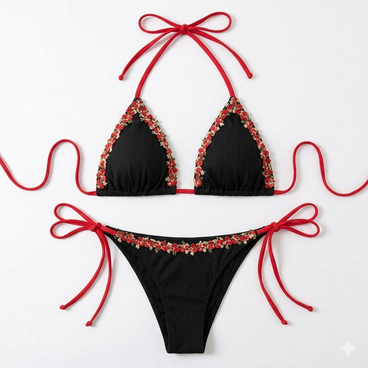 Women's fashionable bikini swimwear set, solid color special fabric floral lace two-piece swimsuit, floral pattern swimsuit. Perfect for beach vacations and pool parties.