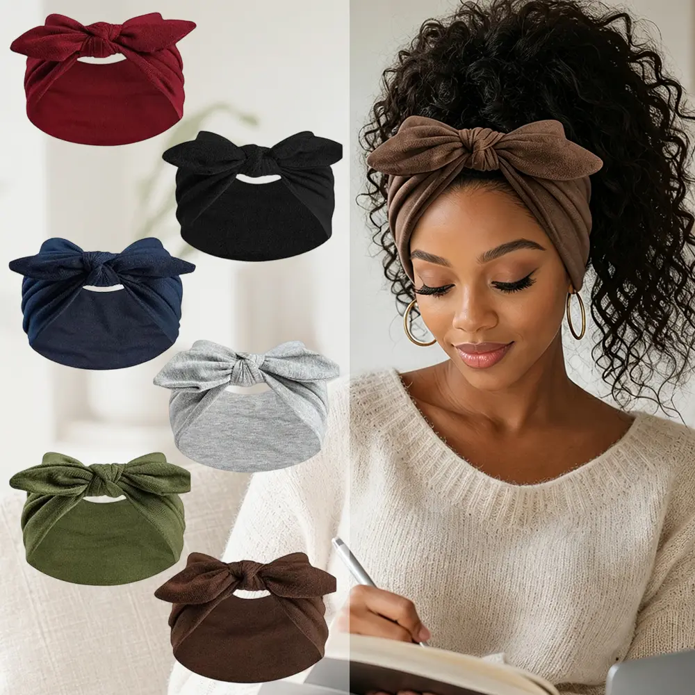 6 piece Extra Wide Head Bands Elastic Bow Head Bands Non Slip Bow Headbands Boho Wide Head Bands for Daily Wear, Workout, Yoga