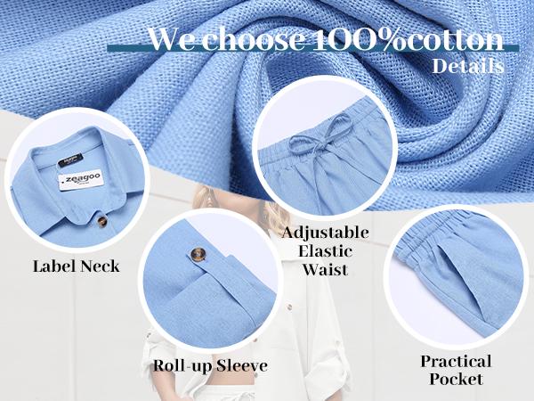 ZEAGOO Women 2 Piece Linen Sets Button Down Shirt and Drawstring Long Pants Set Summer Outfits