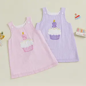 First Birthday Baby Girl Outfit Round Neck Cupcake Embroidery Dress Stripe Outfit Summer Smash Cake Dresses Birthday Clothes