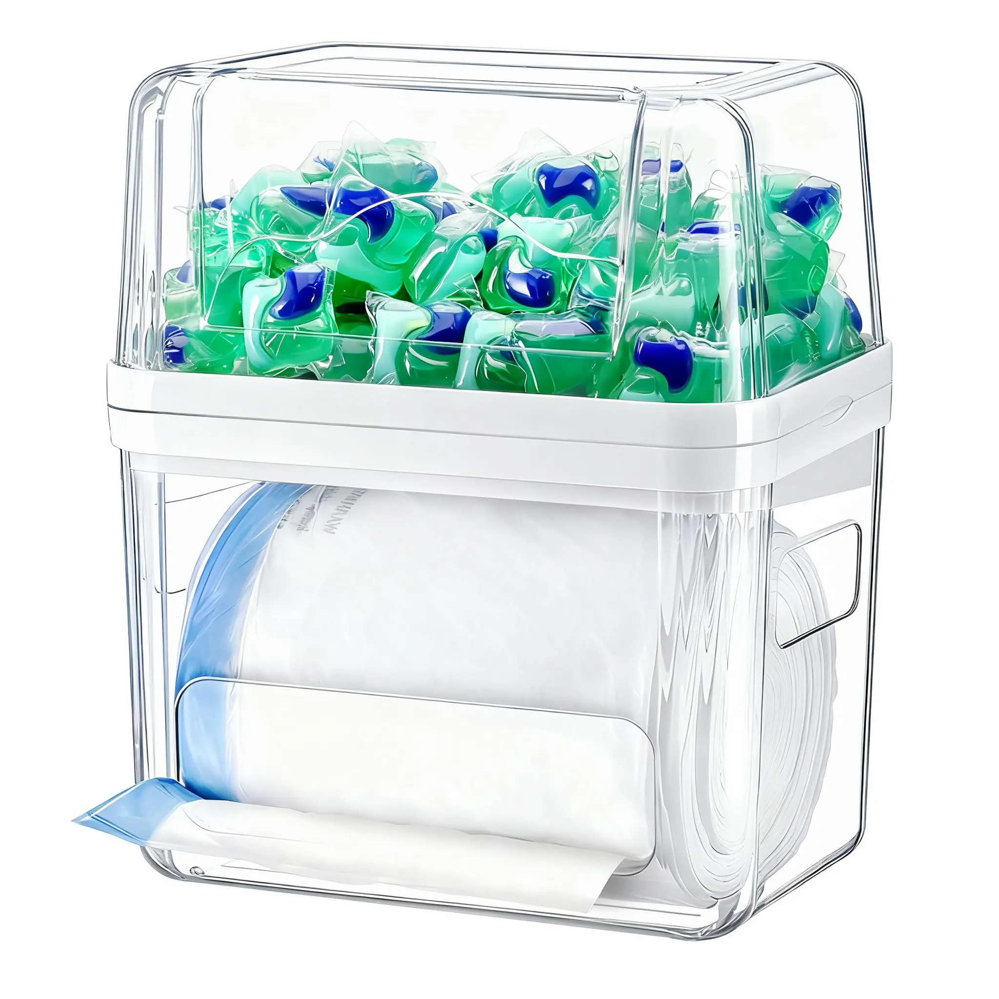 Trash Bag Dispenser Laundry Pods Container - 3 in 1 Garbage Bag Organizer and Dishwasher Pod Cleaner Tablets Holder Clear Acrylic Pantry Organizers and Storage Box Kitchen Under Sink Organizer Divided Compartments Multi Compartment Design