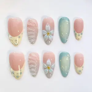 Blooming Green Floral Elegant Press on nails long almond nails/Yellow Nails/Summer Nails/Green Nails/Holiday Nails/Cute Nails/Birthday Nails