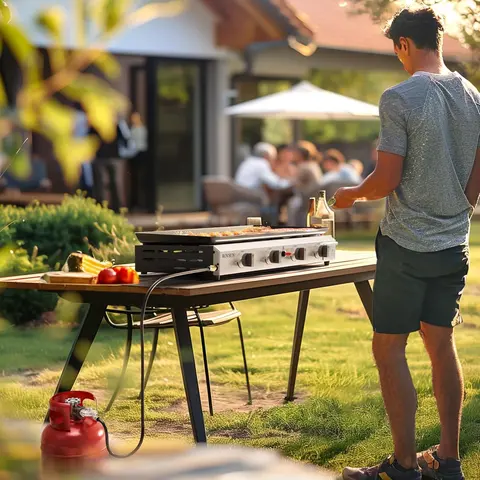 ROVSUN 4-Burner Portable Propane Griddle - Outdoor Camping Equipment, 40000 BTU Portable Gas Stove with 4 Control Knobs, Piezo Ignition, Stainless Steel Nonstick Enameled Tray, Regulator, Metal Frame, Compact for Easy Mobility, Patio Cooker