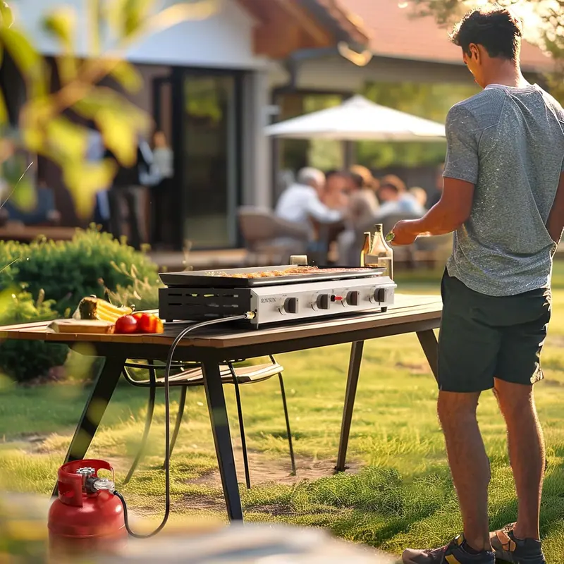 ROVSUN 4-Burner Portable Propane Griddle - Outdoor Camping Equipment, 40000 BTU Portable Gas Stove with 4 Control Knobs, Piezo Ignition, Stainless Steel Nonstick Enameled Tray, Regulator, Metal Frame, Compact for Easy Mobility, Patio Cooker
