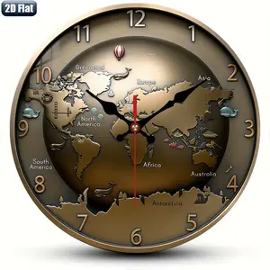 . 2D Flat. 1pc. World Map Themed Wall Clock, Silent Decorative Clock, Creative Wall Clock, Suitable as Decoration for Bedroom, Living Room and Office, 25/30 cm (excluding AA Batteries), 2D Flat