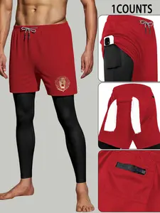 Men's Quick-Dry Fitness Running Pants with Key Pocket and Phone Pocket, Lion Pattern, Elastic Sports Tight Fit, Sporty Style, Suitable for All Seasons