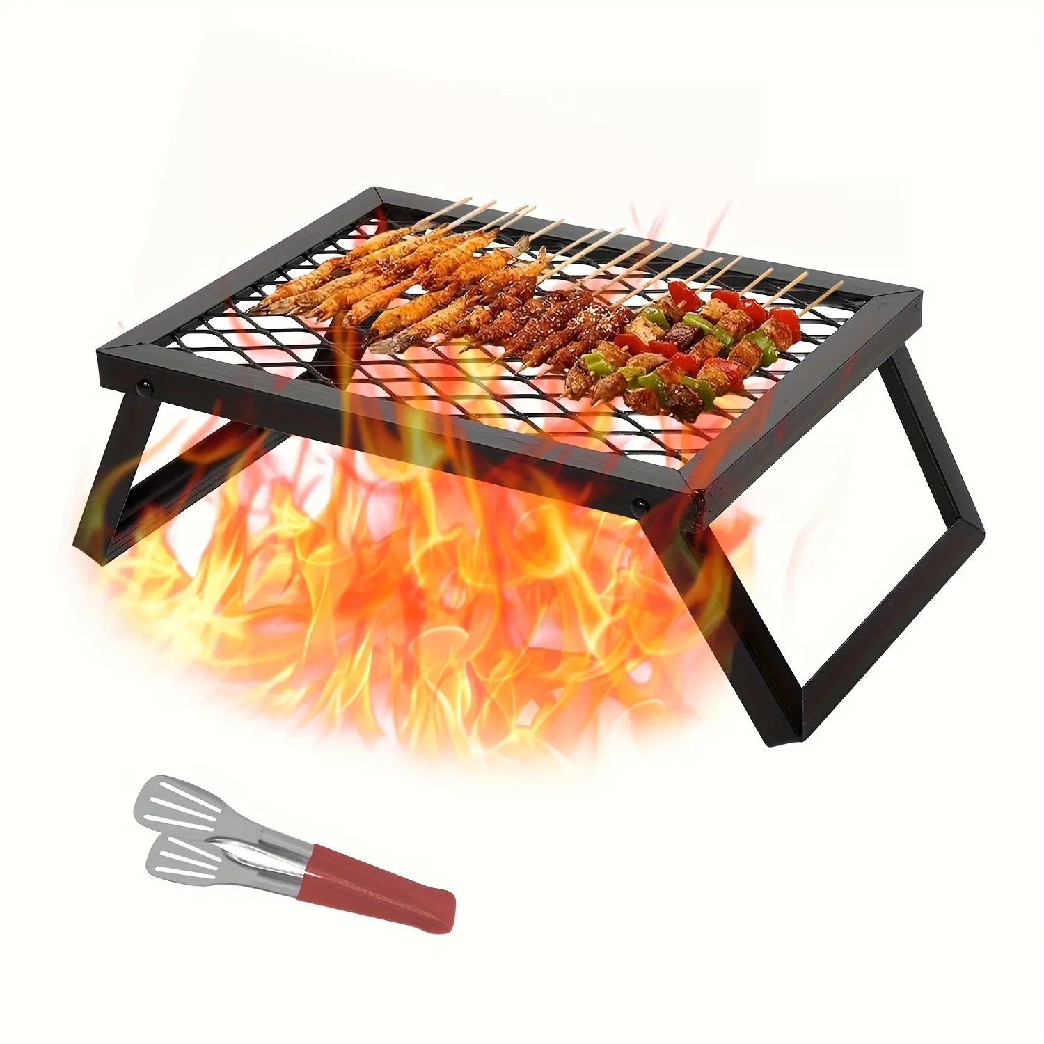 2-Piece Foldable Portable Camp Grill Set (16"×12" Black), Backyard Gear for BBQ Lovers, Heavy-Duty Steel Grate with Legs, Tongs Included for Backyard Bonfires, Camping Fire Pits & High Open Flames