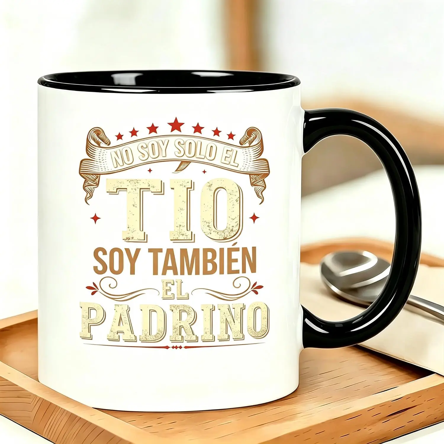 Men's Funny Spanish Graphic Reusable Coffee Cups "No Soy Solo El Tío, Soy Tambien El Padrino" Godfather Saying - Black Ceramic Cup with White & Golden Lettering - Italian Godfather Birthday/Wedding Party Gifts Cup