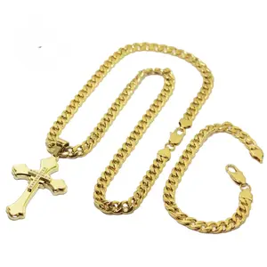 24" 7mm Stainless Steel Gold Plated Necklace 8.75 Bracelet Cubic Zirconia Pendant Jewelry Set