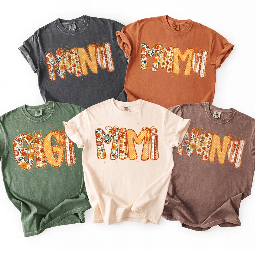 Comfort Color Fall Mama Shirt, Mimi Patchwork T-Shirt, Gigi Shirt, Thanksgiving Gift For Grandma, Cozy Autumn Nana Gift