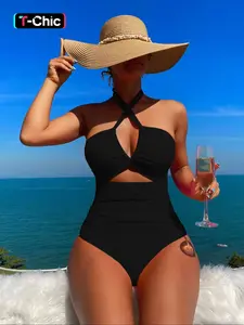 Women's Criss Cross Cut Out One-Piece Swimsuit, Chic Ruched Tie Back Halter High Stretch Swimwear for Beach, Ladies Summer Clothes, Cutout Bathing Suits