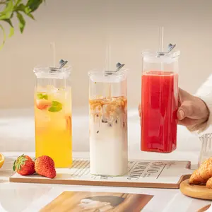 DOTOCOOK 2 Counts 17oz (500ml) Smooth Square Glass Tumbler Drinkware - Perfect for Lattes, Cold Brew, Matcha, Mojitos & Mulled Wine, an Ideal Gift for Christmas, Valentine's Day & Housewarming Parties, Borosilicate Glass