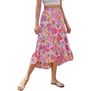 Women's Long Skirts Boho Floral Elastic High Waist Asymmetrical Hem Midi Skirt