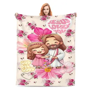 Jesus Loves You flannel Blanket – Cute Cartoon Jesus Hugging a Girl, Floral Design with "God Is Good" and Heart Motifs, Soft Fleece Blanket for Faith-Based Gifts or Home Decor Applies to Super soft  decorative sofa/sofa/bedroom