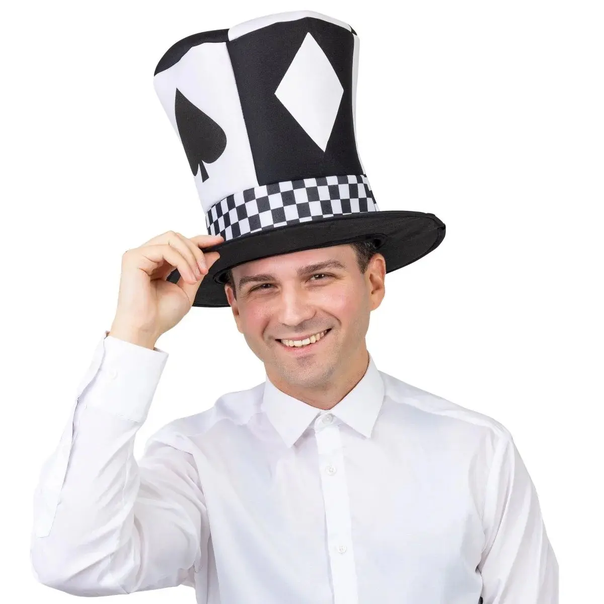 212 MAIN Checkered Costume Top Hat for Dogs & Cats - White, Whimsical, Durable, Lightweight, Checkered Band, Bold Look Playing Card Symbols, Secure Fit, Comfortable, US Size 7 3/8, Cosplay Accessory for Cosplay Events & Themed Parties