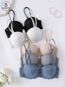 5-piece set of solid color lace lingerie, daily casual women's bras, push-up and lift to enhance bust shape and beautiful back, lace-stitched, lightweight, breathable, comfortable and skin-friendly, high-quality women's bras with hook-and-eye closure