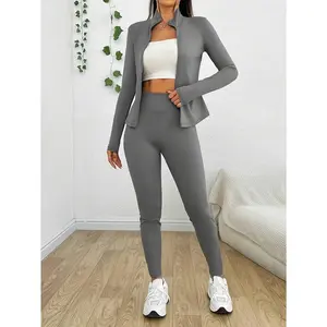 2026 New Women'S High-Waisted Hip-Enhancing Fitted Collar Slim Yoga Outfit, Collar Zipper Slim Sports Two-Piece Ensemble, Women'S Fall/Winter Apparel, Spring/Fall Set