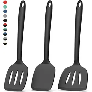 Silicone Spatula Set of 3, High Heat Resistant, BPA-Free, Kitchen Utensils, Fish Spatula, Solid & Slotted Turner For Non-Stick Pans, Flipping Eggs, Pancakes, Fish, Burgers (3, PureBlack)