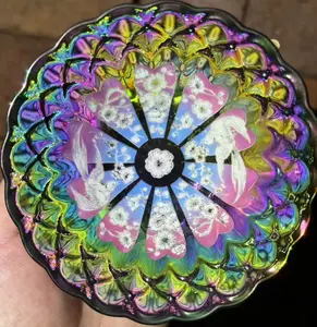 98788 Hand Carved Tea Cup with Iridescent Rainbow Design and Floral Motif for Elegant Tea Time