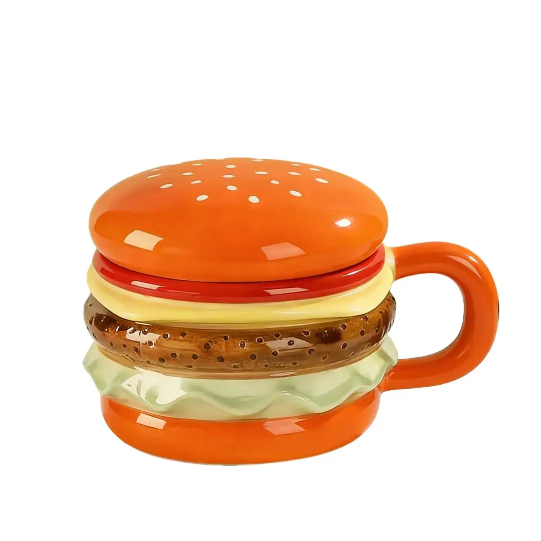 Set of 2 Ceramic Burger Mugs, 14.78 oz Novelty Coffee Cups with Handles, Fun Hamburger Shaped Cups for Coffee, Tea, Milk, Soda, Reusable Drinkware, Ideal Birthday Gift