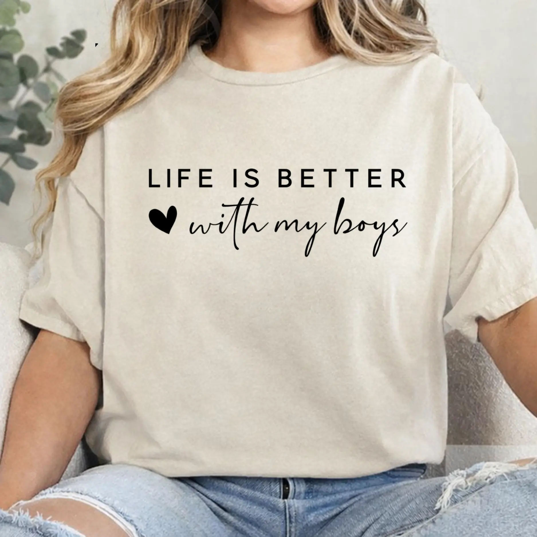 Life Is Better With My Boys T-Shirt, Cozy Mom of Boys Crewneck, Cute Boy Mom Gift Idea, Soft Family Quote Tee for Women, Comfortable Casual Short Sleeve Top for Everyday Wear - AMBER
