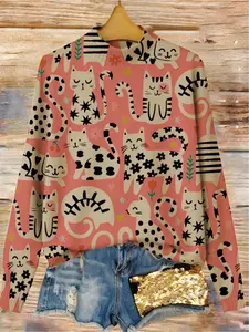 Women's Cartoon Cat Print Stand Collar Sweater, Fall Winter Casual Long Sleeve Knitwear, Comfortable Warm Daily Wear