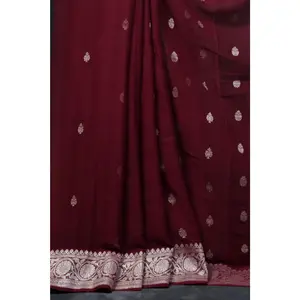 Authentic Banarasi Chiffon Saree - Silver Zari Border & Bootie Design