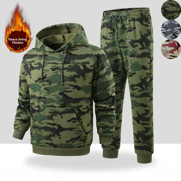 Men’s camouflage two-piece set featuring a hooded sweatshirt and long pants for outdoor casual wear. Full-print camouflage fabric paired with a classic drawstring hood on the top and front kangaroo pocket. Long pants have ribbed cuffs and an elastic draws