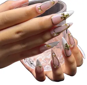 Y2K 3D Cross Press On Nails White & Pink Retro Nail Art Glossy Design with Flowers & Pearls for Quick Easy Application Glossy Finish