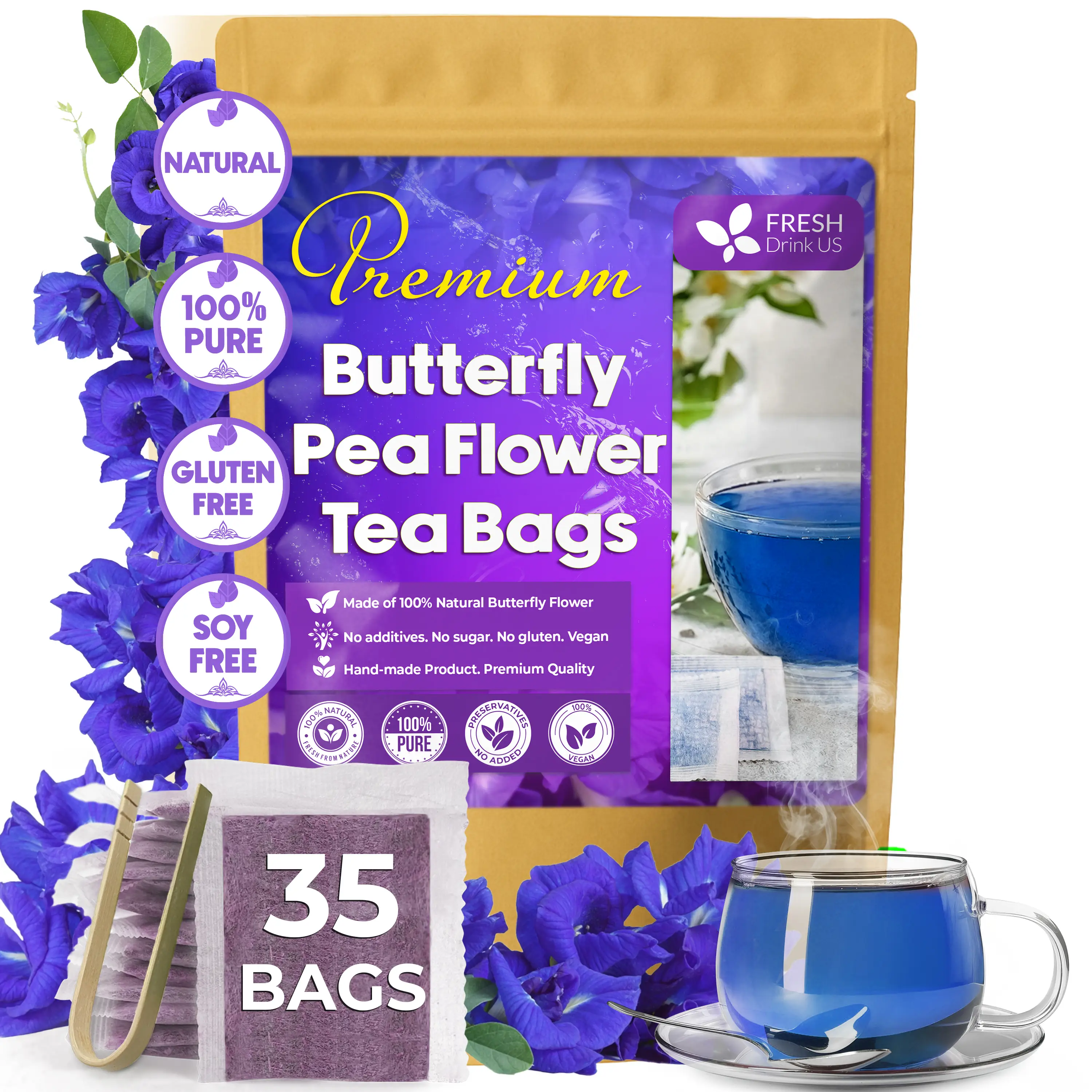 Premium Butterfly Pea Tea, 100% Natural and Pure from Butterfly Pea Flowers, Hand-made, Made With Natural Materials-Corn Fiber Tea Bag, Sugar/Caffeine