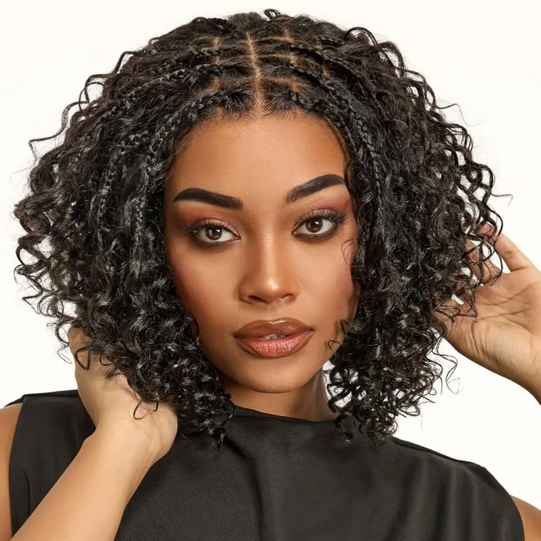 LUVME HAIR Boho Braided Deep Curly 5x5 Closure Lace with Braided Bob 10 Inch Human Hair Wigs Glueless Pre Cut Plucked HD Lace Short Wig Ready to Go Bleached Knots Black Wigs
