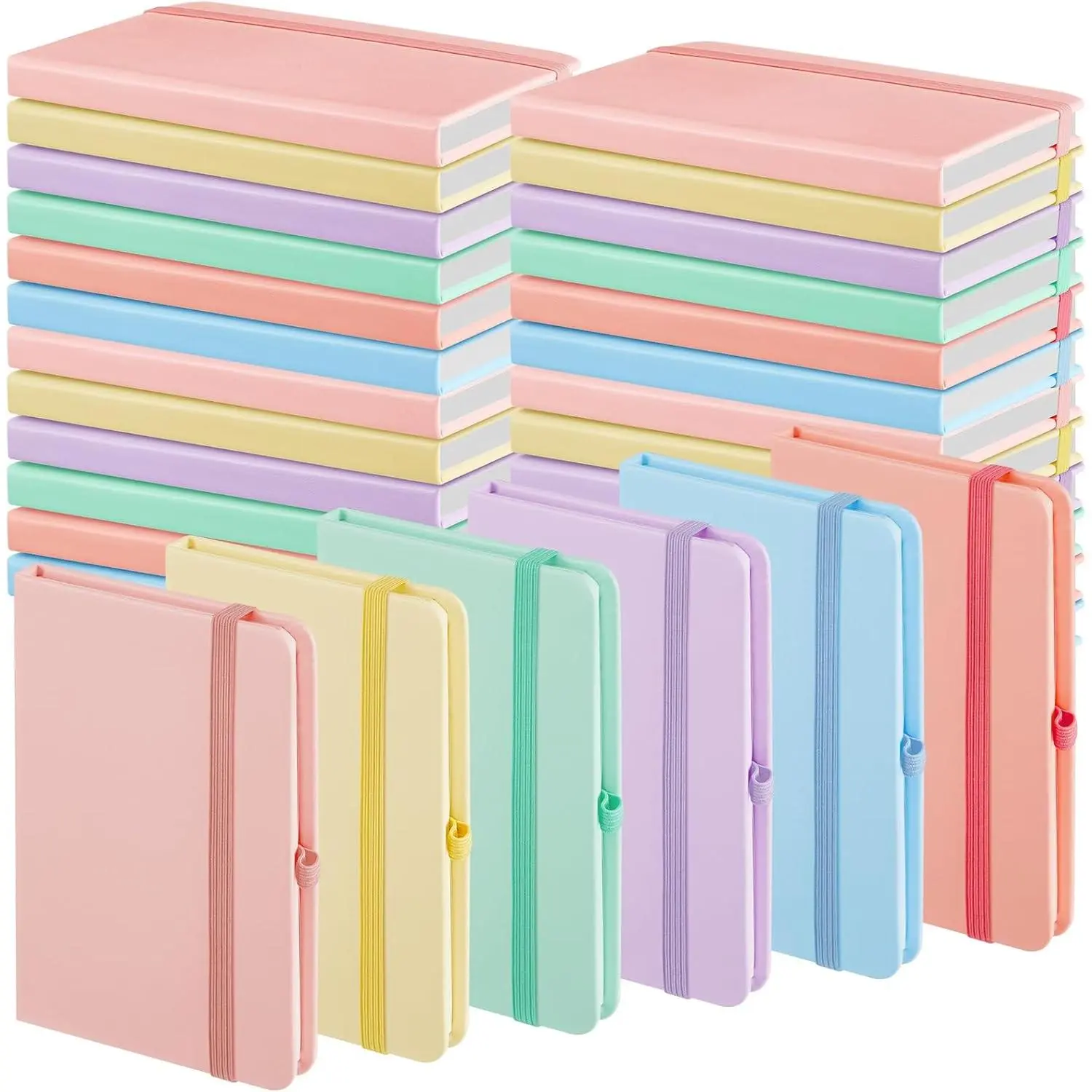 12 count Small Notebooks A6 Pocket Journals 3.5 x 5.5 Inch Small Leather Notebook Mini Ruled Lined Journal with Elastic Band Pen Holder Page Marker Ribbons (Macaron Colors)