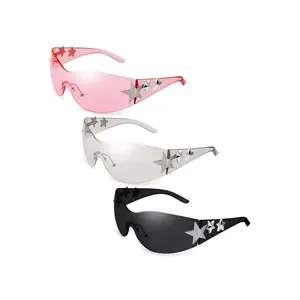 3 Pairs Rimless Y2K Sunglasses for Women Men, Trendy Wrap Around Pink Black White Star Studded Oversized Fashion Frameless Sunglasses, Unique and Futuristic Style Shades Star Design for Y2K Accessories Outfits
