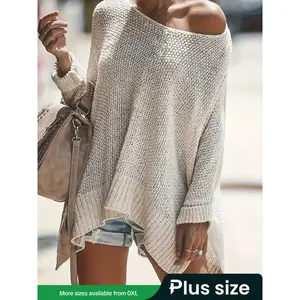 Plus Size Women’s Knit Sweater, Solid Color Loose Pullover, Long Sleeve Cold Shoulder Slit Design, Comfortable Fashion for Autumn/Winter