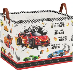 Waterproof Race Car Themed Storage Basket Collapsible Kids Laundry Hamper Rectangular Tire Toy Box for Boys Room Decor Bedroom Bathroom Halloween Boo Basket