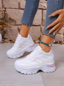 Lace-up sports dad shoes designed for women, height-increasing white casual chunky heel shoes, comfortable and lightweight wedge sneakers, breathable and durable, suitable for school, travel, dating, streetwear occasions, Footwear