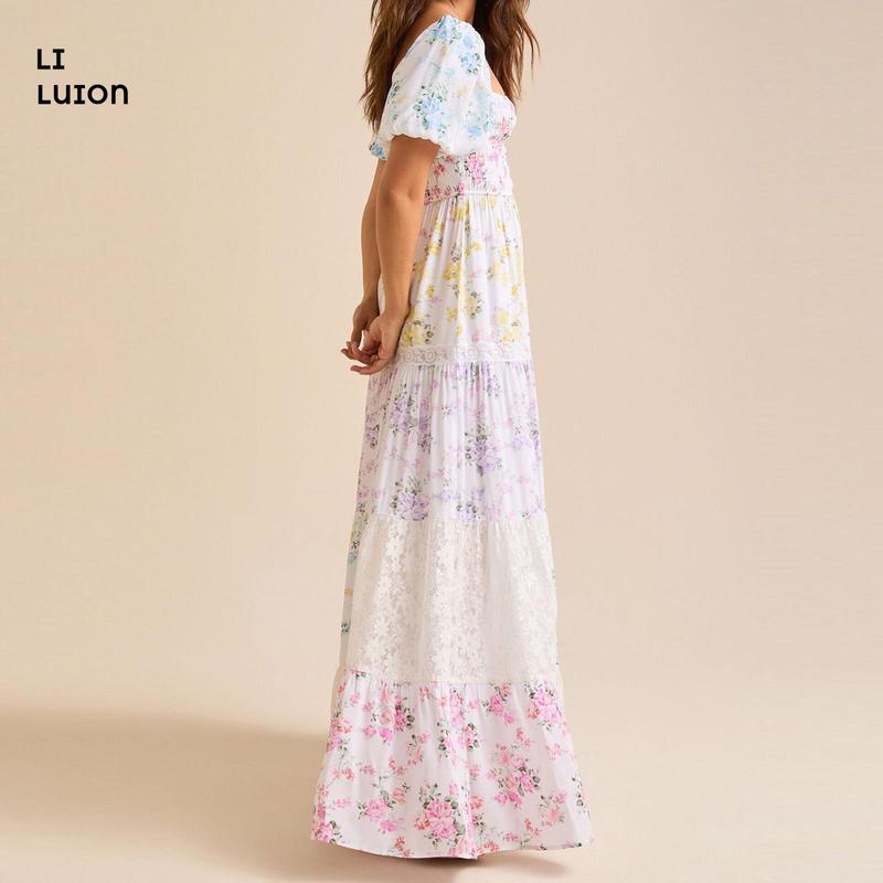 Women Summer Beautiful Colorful Floral Print  A-line Dress Casual Ruffled Hem Short Sleeve Party Dress For Cocktail Streetwear Elegant Fashion Beach Womenswear