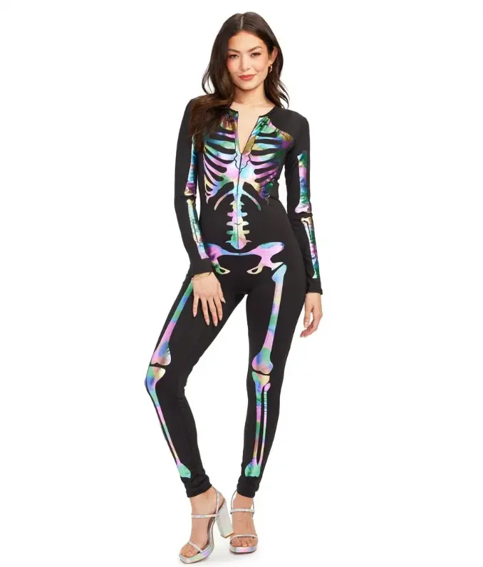 Iridescent Skeleton Bodysuit Costume for Women – Black Rainbow Bone Print Long Sleeve Halloween Jumpsuit, Spooky Party Outfit