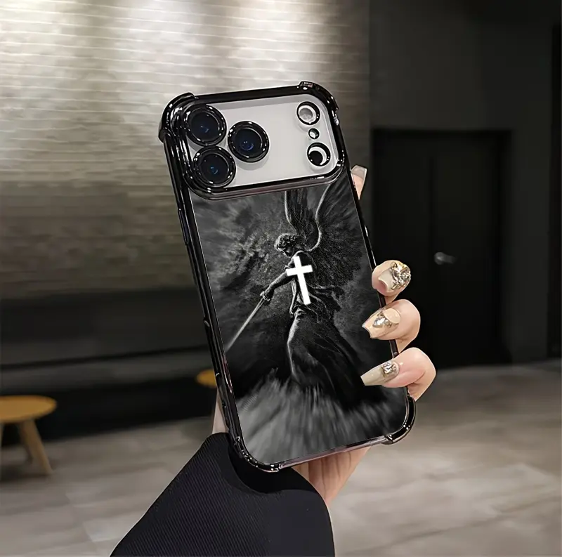Vintage Black & White Angel with Cross Aesthetic Smartphone Case - Soft Silicone TPU Shockproof Casing for iPhone 12-17 Plus Pro Max Ultra, Samsung 22-25 Plus Pro Max Ultra - Protection Electronics Accessory Gift