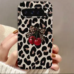 Leopard Cherries Print Bow Film Hard Protective Phone Case Suitable for Google Pixel 9 Pro XL/9 Pro 5G/9/ 8 Pro/ 8/ 8A/ 7 Pro/ 7/ 7a/10/10 Pro/10 Pro XL, Seismic Resistant Cover ,New Year Valentines Gift