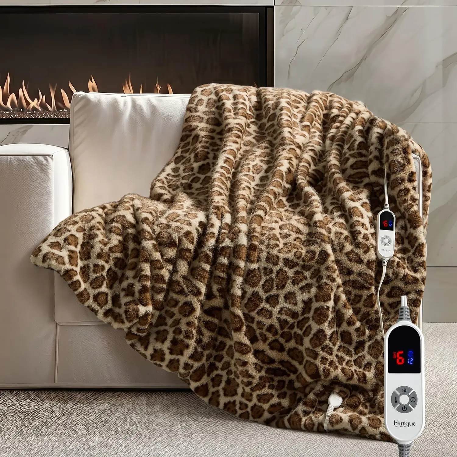 Luxury Faux Fur Heated Blanket Electric Throw - Leopard Print Ultra Soft Thick Warm Heated Blanket, 6 Heating Levels & 12 Hours Auto-Off, ETL Certified, Washable, Luxurious Gifts, 50''x60''